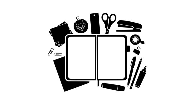 Office and School Supplies Silhouette Illustration with Blank Open Notebook