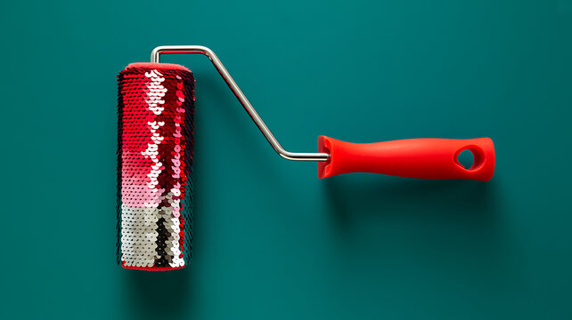 Paint roller with reversible red and silver sequins on green background decorative creative glamorous background wallpaper renovation