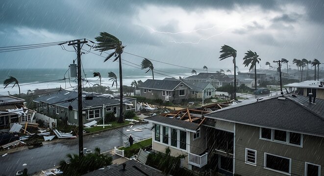 A coastal neighborhood severely damaged by a storm with debris scattered around
