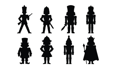 Obraz premium Set of black silhouette nutcracker soldier icons isolated on white surface.