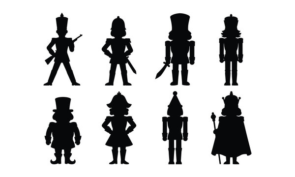 Set of black silhouette nutcracker soldier icons isolated on white surface.