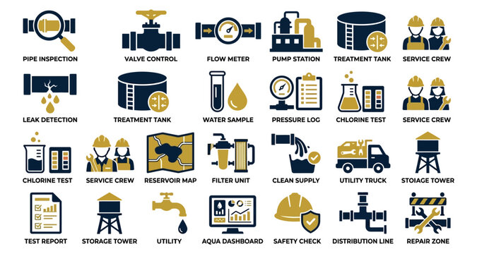 Service Crew Icons Set with Pipe Inspection, Valve Control, Water Testing, Safety Check, Utility Truck, and Repair Zone