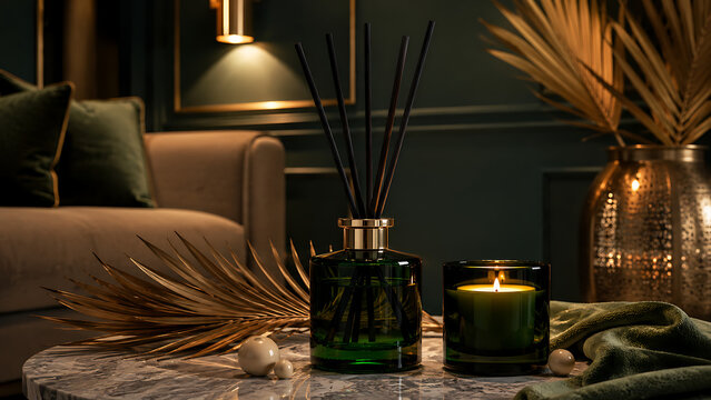 Luxury green reed diffuser and candle on marble table with gold decor, warm lamp glow and elegant home fragrance mood for cozy living