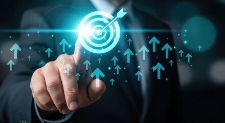 Fototapeta premium Business person touching a digital target icon with rising arrows representing growth and success