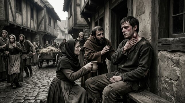 Medieval pandemic outbreak: infectious disease, Yersinia Pestis, bubonic plague, sick patient, street monk, swollen gland, deadly pathogen, victim helper, urban despair.