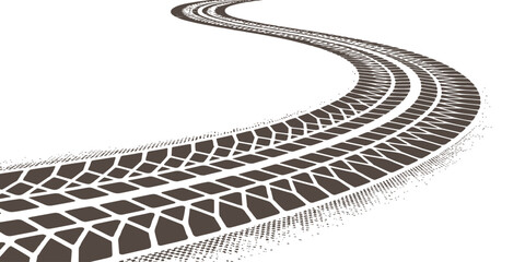 Curving tire tracks print texture with grunge dot halftone effect abstract transportation background vector illustration. © Artful