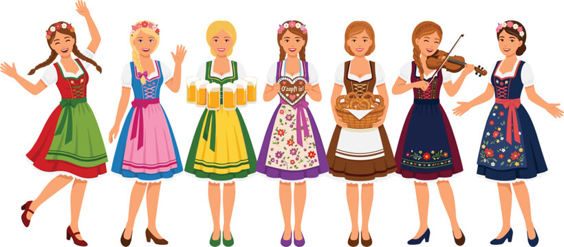 German girls in traditional dirndl dresses vector set, isolated on white background for Oktoberfest celebration