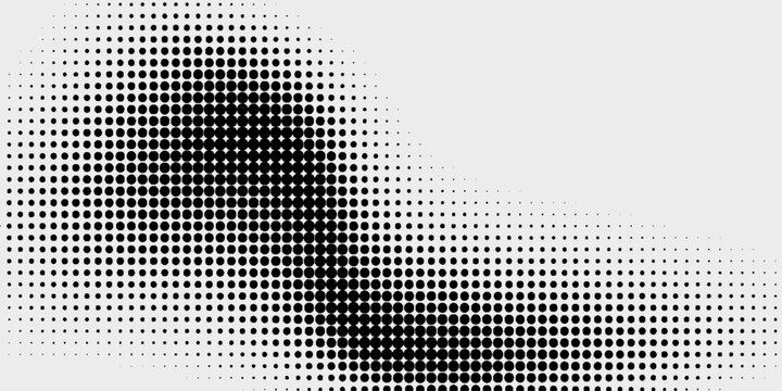 Monochrome halftone dotted illustration, abstract dynamic wave, ribbon pattern. Curved line with halftone effect, flud design. Vector minimalist background. Overlay template.