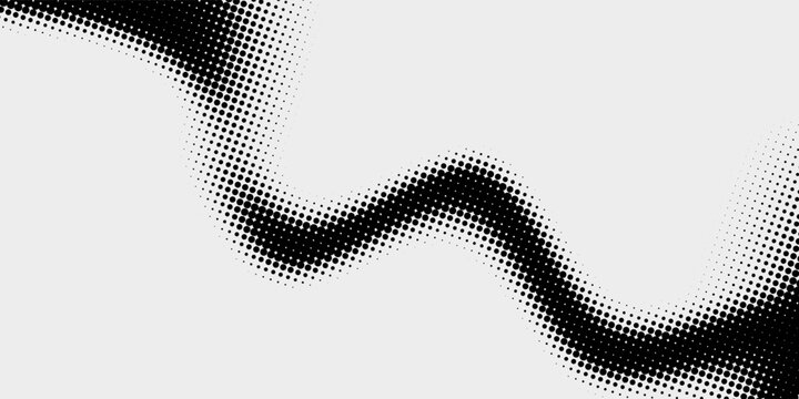 Monochrome halftone dotted illustration, abstract dynamic wave, ribbon pattern. Curved line with halftone effect, flud design. Vector minimalist background. Overlay template.