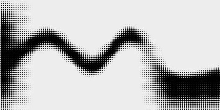 Monochrome halftone dotted illustration, abstract dynamic wave, ribbon pattern. Curved line with halftone effect, flud design. Vector minimalist background. Overlay template.