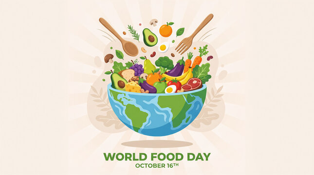 Vector illustration celebrating World Food Day on October 16th featuring a bowl shaped like planet Earth filled with diverse nutritious foods including fruits, vegetables, Wooden spoon and fork float 