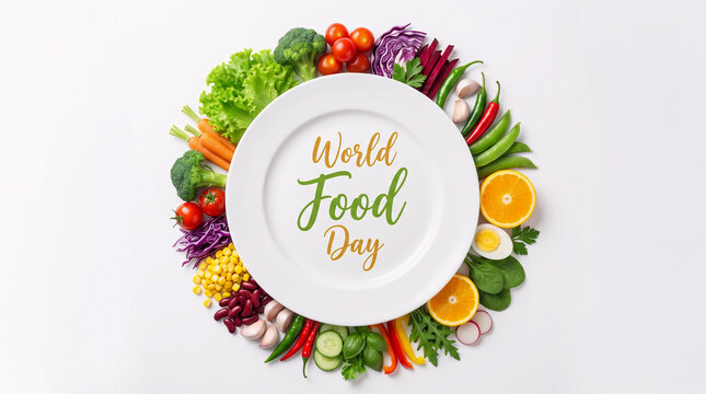 World Food Day - White Plate with World Food Day Text Surrounded by Fresh Vegetables and Fruits in Circular Arrangement on White Background