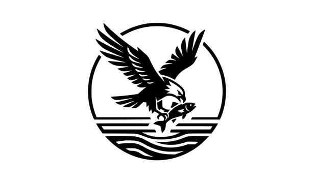 Bird Attacking Fish Black And White Vector Icon