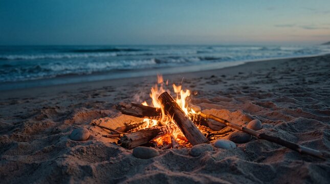 Cozy bonfire burning on a sandy beach at dusk with gentle ocean waves rolling onto the shore under a dark blue twilight sky during summer evening.