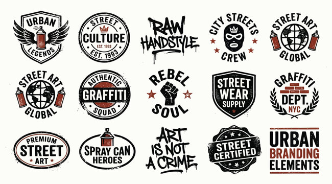 Urban branding elements, street art and graffiti logo collection