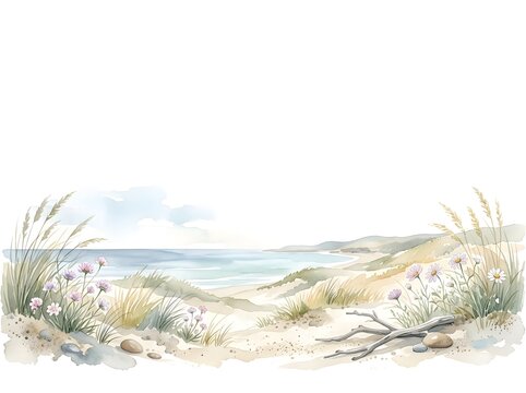 Watercolor coastal beach with sand dunes sea grass and wild flowers background