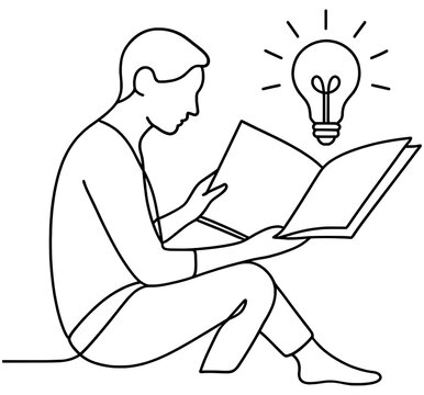 Minimalist Line Art of Person Reading Book and Lightbulb