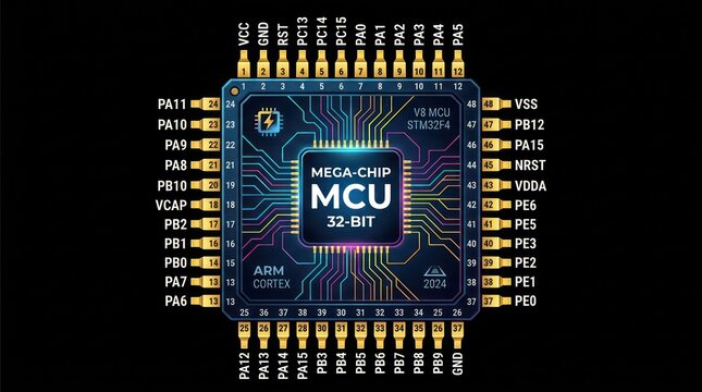 Microcontroller unit MCU ARM Cortex 32-bit processor with pinout diagram technology.