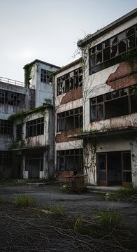 A dilapidated, multi-story building with crumbling facade and overgrown vegetation