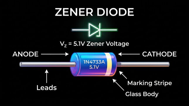 Zener diode component for voltage regulation in electronic circuits with schematic symbol.