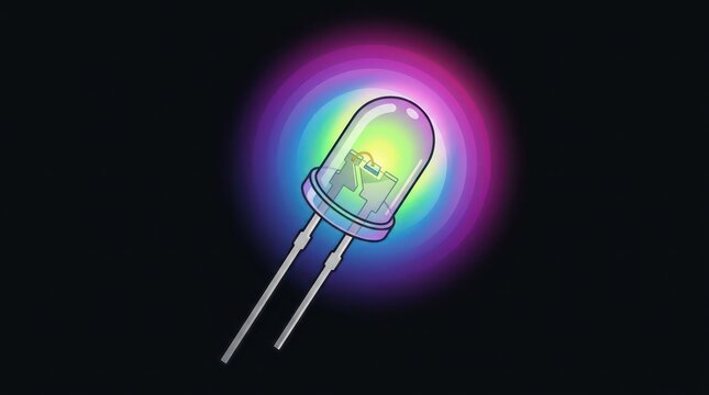Colorful LED light emitting diode with rainbow glow on dark background technology.