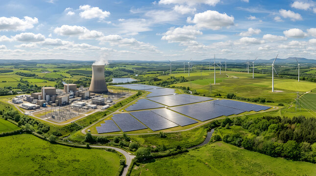 Aerial view of a nuclear power plant next to solar panels and wind turbines in green landscape.