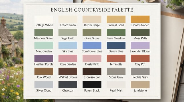 English countryside themed color palette guide with swatches, countryside