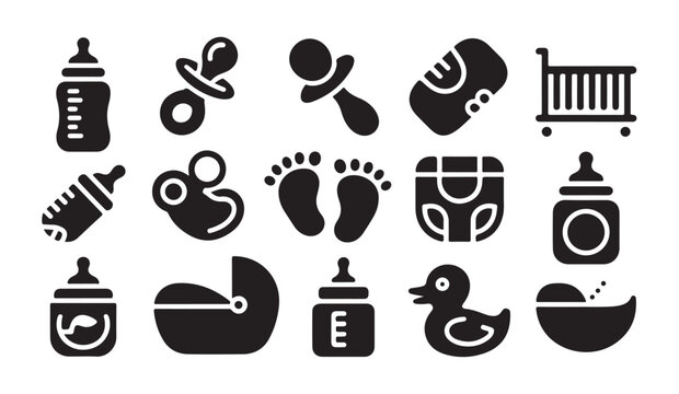 Baby care black glyph icons set featuring pacifiers, bottles, footprints, and a duck toy.