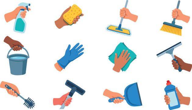 Cleaning tools, janitorial equipment, household supplies, vector icons