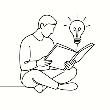 Minimalist Line Art of Person Reading Book and Lightbulb