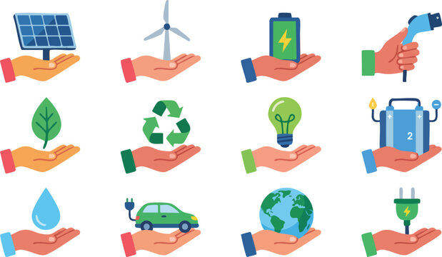 Eco friendly icons, sustainable living symbols, green energy illustrations, environmental protection graphics
