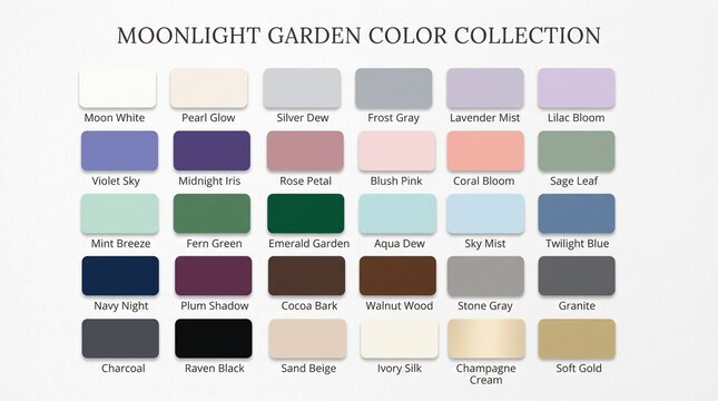 Moonlight garden color palette collection swatches with color chart, interior