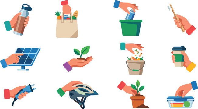Eco friendly icons, sustainable living symbols, green practices illustrations, 12 vector graphics