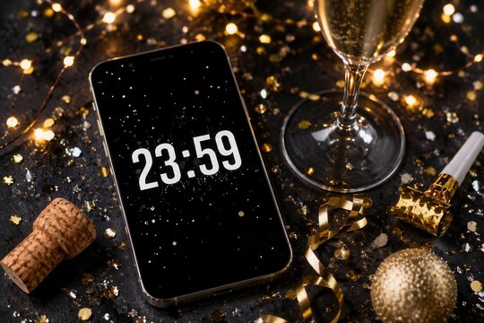 Smartphone mit 23:59 neben Sektglas und Konfetti &ndash; Modernes Silvester-Stillleben in Polen mit Countdown-Moment, festlicher Dekoration und Partyzubeh&ouml;r kurz vor Mitternacht.
