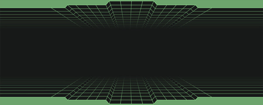 Grid background box with a 3D perspective frame and vanishing wireframe lines.