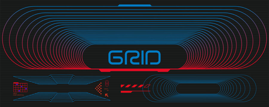Grid 3d background with futuristic frame box and interface perspective tunnel. Hud line space with square 80s tech and vanishing wireframe technology. Retro neon element modern banner.