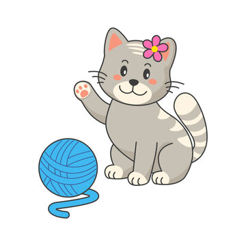 Cute kitten, cartoon cat. Kitten playing with a ball of yarn. Vector illustration.