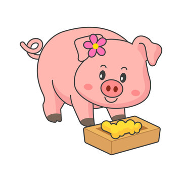 Cute pig, cartoon piglet. Pig eating from a trough. Vector illustration.