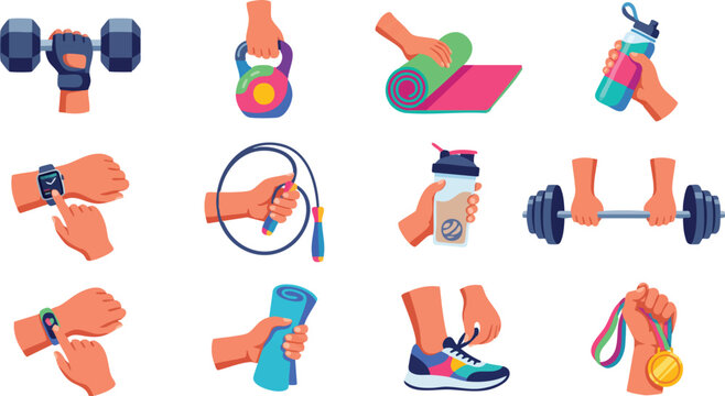 Fitness icons, workout accessories, exercise equipment, colorful vector graphics