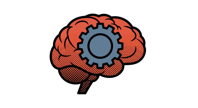 Human brain with gear cog illustration in retro comic style. Mental process, artificial intelligence, and logic concept isolated on white.