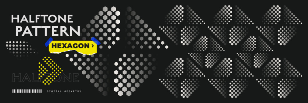 Abstract halftone geometric background with fading white and grey hexagons triangular shapes.