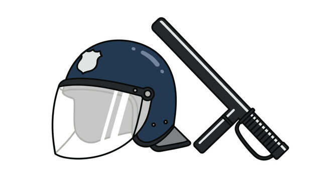 Cartoon illustration of a dark blue riot police helmet with a clear protective visor and a black tactical baton for security and law enforcement.