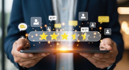 Fototapeta premium Business person holding a tablet showing five star rating and customer feedback icons