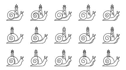 Whimsical snail lighthouse pattern illustration, simple line art, nautical theme, repetitive design © Akun