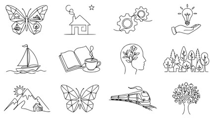 Set of Vector Icons: Butterfly, House, Gears, Lightbulb, Sailboat, Book, Head, Forest, Mountains, Train, Tree © Akun