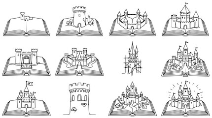 Obraz premium Fantasy Castles Pop Up From Open Books - Hand Drawn Illustrations