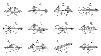 Set of hand-drawn bridges and violins under crescent moon, artistic sketch style © Akun
