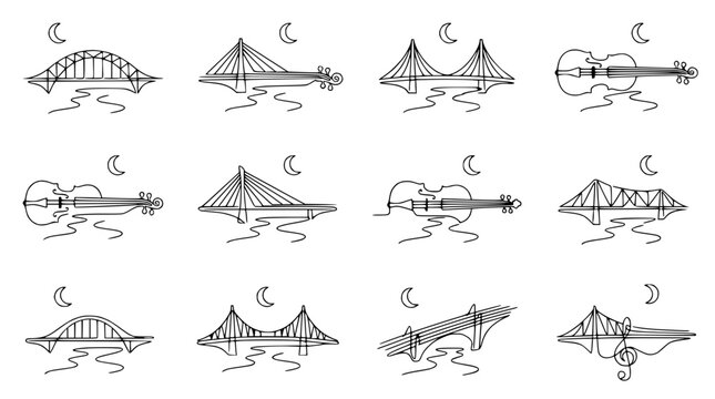 Set of hand-drawn bridges and violins under crescent moon, artistic sketch style