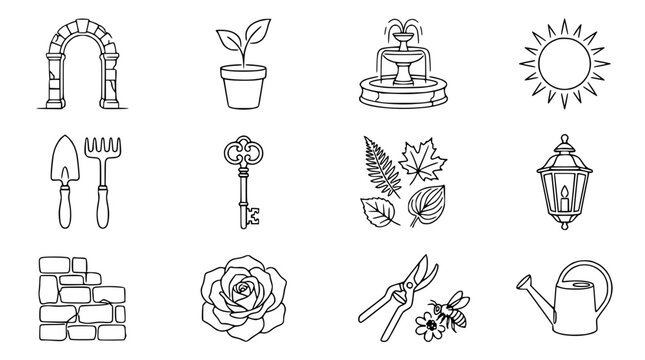 Garden Elements Icons: Arch, Potted Plant, Fountain, Sun, Tools, Key, Leaves, Lantern