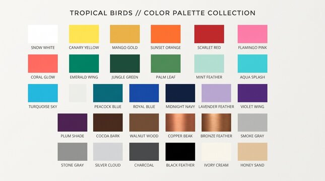 Tropical birds color palette collection for graphic design with tropical